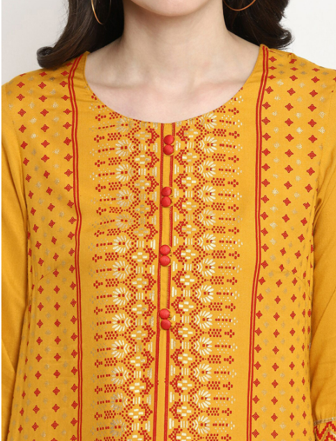 Yellow & Red Printed Kurta with Trousers & Dupatta