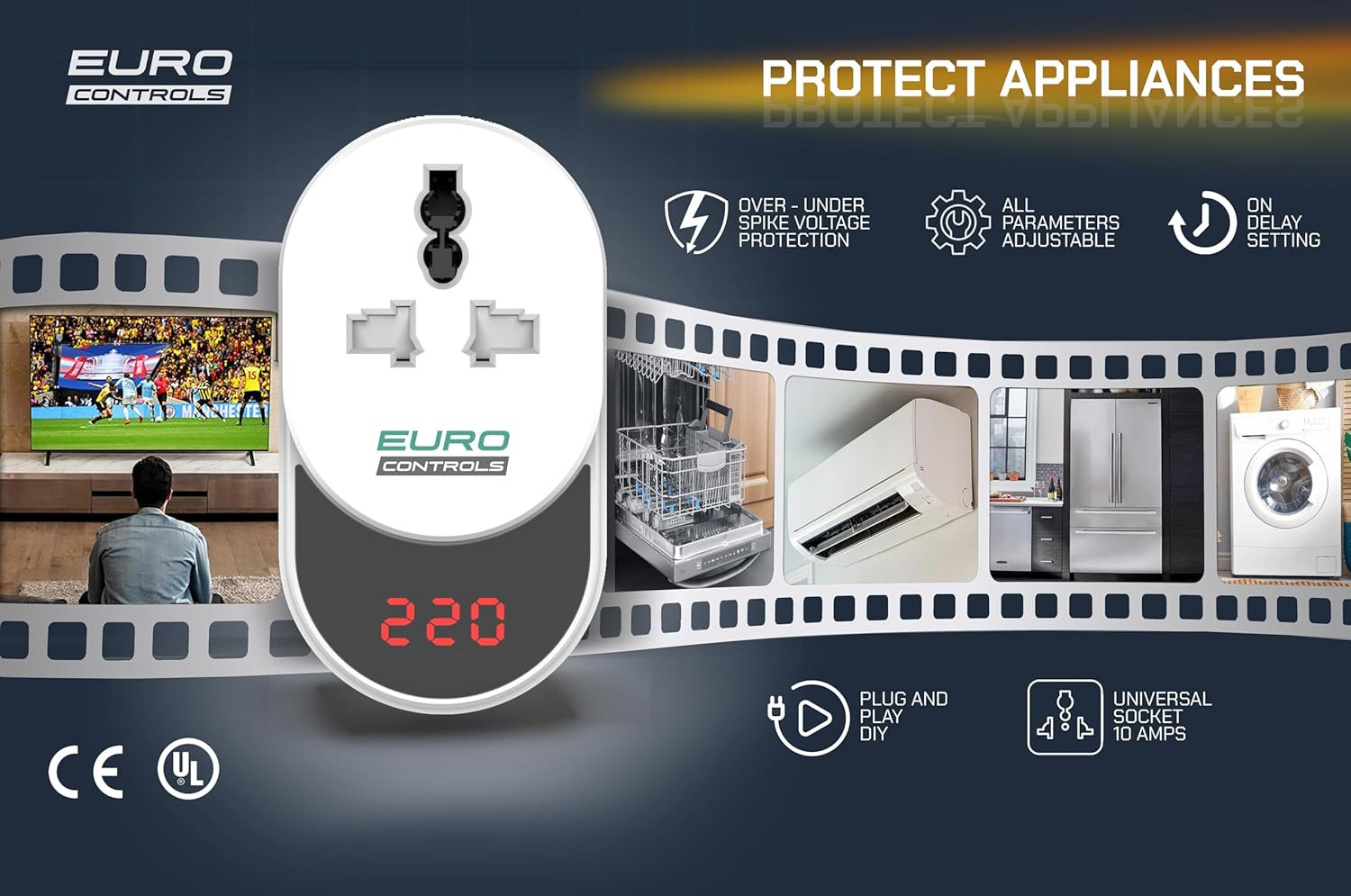 EuroControls Euro SVP-10 10 Amp Digital Adjustable Under/Over Voltage Protector & Spike Protector Socket Voltage Guard with Display - Time Delay & India Compatible socket & Plug with auto recovery