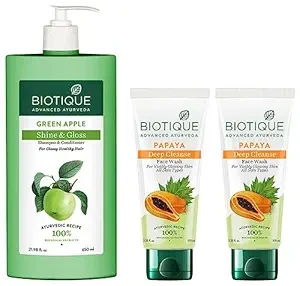 Biotique Green Apple Shine & Gloss Shampoo & Conditioner For Glossy Healthy Hair, 650ml & Biotique Papaya Deep Cleanse Face Wash For Visibly Glowing Skin All Skin Types 2x100ml