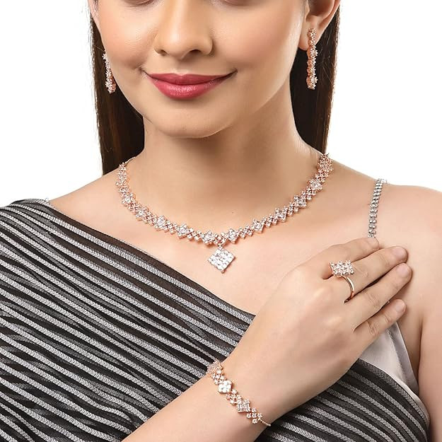 ZENEME Rose Gold Plated White American Diamond Studded Square Shaped Necklace, Earring & Bracelet With Ring Jewellery Set For Women & Girl