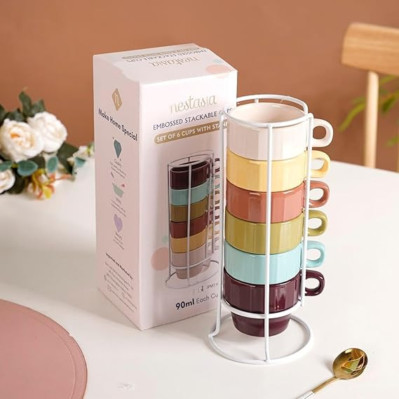 Nestasia Stackable Ceramic Cups Set of 4 (220 ml) | Microwave & Dishwasher Safe Tea & Coffee Mugs with Glossy Finish | Ideal for Gifting (Beige)