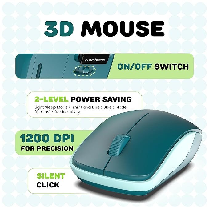 Ambrane Combo of Wireless Keyboard with Mouse Retro Typewriter Inspired, 2.4GHz for Desktop, Laptop, MacBook and Devices with USB Support, Compact Light-Weight, Single Nano Receiver (KeyPop, Green)