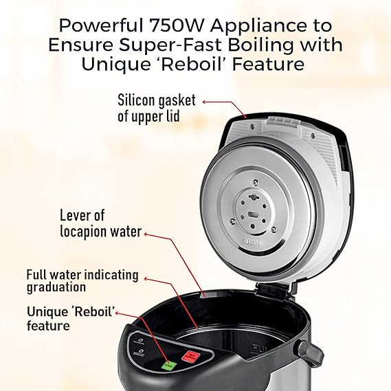 KENT Hot Pot Auto Electric Kettle with Water Dispenser 4 Liters Storage Capacity 750 Watts Appliance Inner Pot & Plastic Outer Body Reboil Feature Overheating Protection Silver