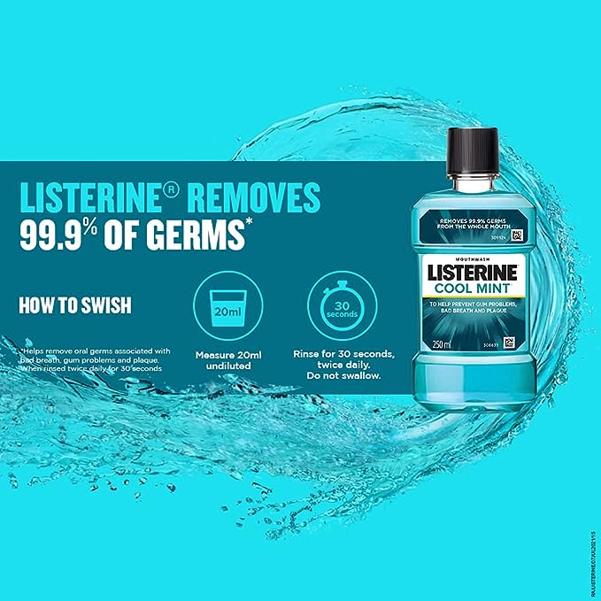 Listerine Cool Mint Mouthwash Liquid, Removes 99.9% Germs, 250ml Combo Pack of 3 (Buy 2 Get 1 Free)