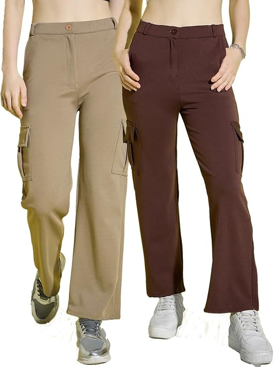 Full Length Straight Fit Solid Cargo Pants | Women Casual Pant Combo-Pack of 2