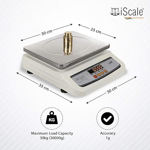 iScale i-02 Weight Capacity 30kg x 1g Digital Weighing Machine/Weighing Scale with Front and Back Double Display for All Shop, Kitchen and Commercial Purposes (10x12 inches, Silver)