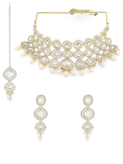 ZAVERI PEARLS Gold Tone Artificial Stones & Beads Bridal Necklace Earring & Maangtikka Set For Women-ZPFK16902