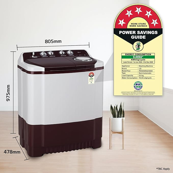 LG 8.5 kg 5 Star Semi-Automatic Top Load Washing Machine (P8530SRAZ, Burgundy, Roller Jet Pulsator)
