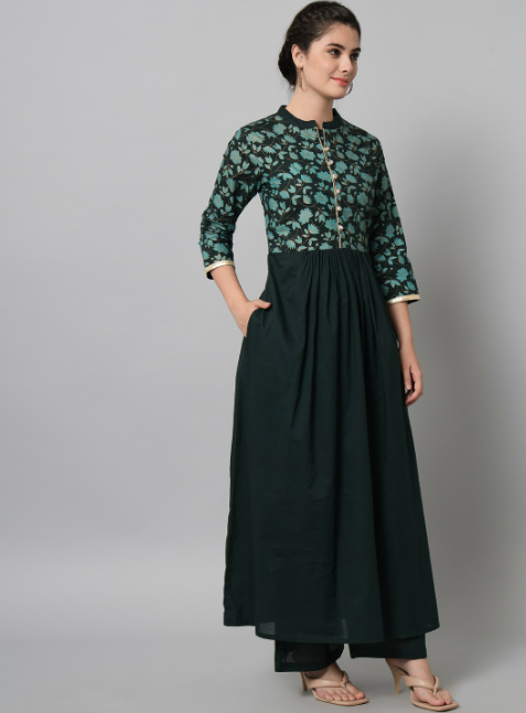 Bottle green hand block printed kurta palazzo set with dupatta