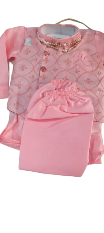 MAA VAISHNO ENTERPRISES Boys Silk Mix Cotton Blend Casual Printed Regular Kurta Pant Set with Modi Pattern Jacket(Pink)MAA VAISHNO ENTERPRISES Boys Silk Mix Cotton Blend Casual Printed Regular Kurta P