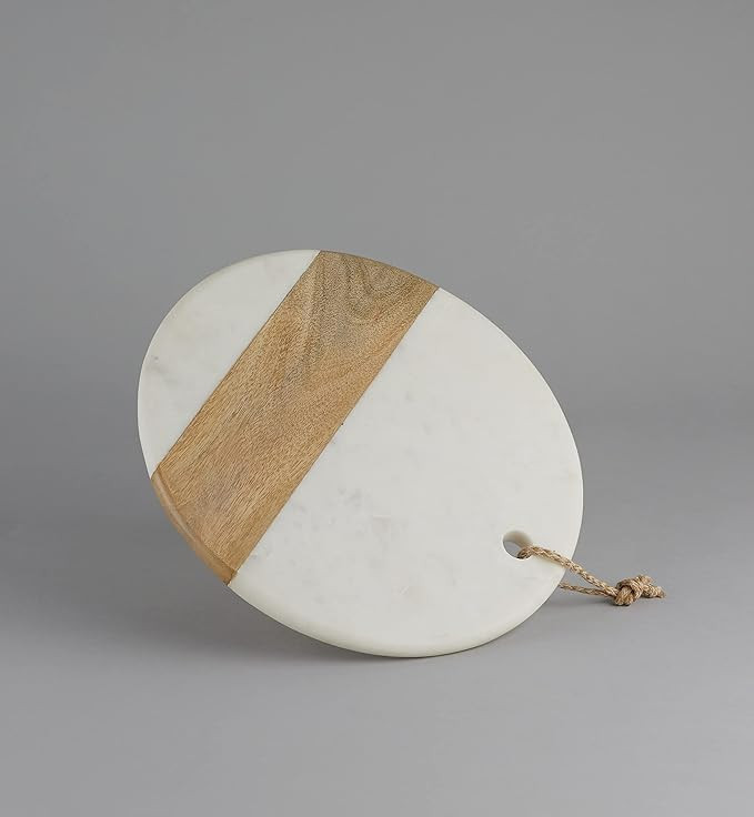 Stone Essential Round Marble and Wood Chopping Board, Cheese Platter, Cutting Board for Kitchen, Wine Serving and Gift