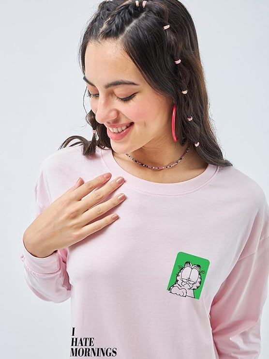 Bewakoof Official Garfield Merchandise Women's Graphic Printed Oversized Fit Full Sleeve Round Neck