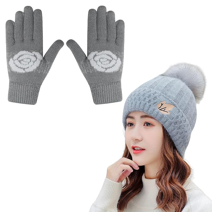 X-LENT Women's Winter Knitted Beanie Hat and Gloves Set | Thick Thermal Fleece Beanie with Matching Touchscreen Knit Gloves | Windproof and Warm Accessories for Cold Weather Outdoor Sports