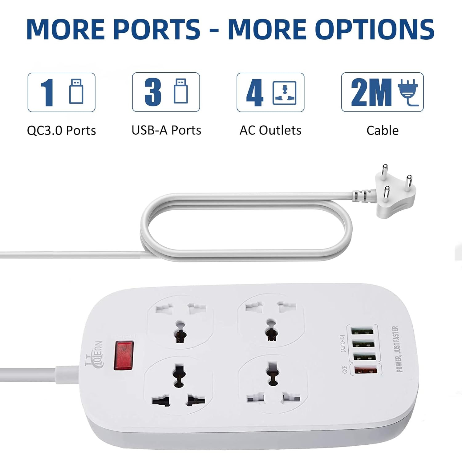 Hoteon Extension Board With Usb Port, Power Strip With Qc3.0 Fast Charging Ports, 4 Way Outlets Sockets With Master Switch, 3 Pin Universal Surge Protection, 2Meters Cable (White), 250 Volts