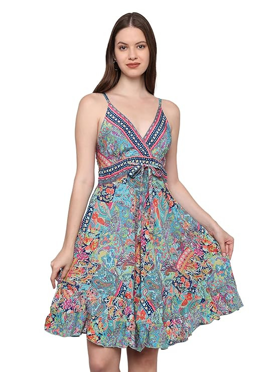 Kanha exports Women and Ladies, Girl,Boho Designer Dress for Women, Silk Short Dress, Boho Dress, Pattern with Tie Belt, Beach wear