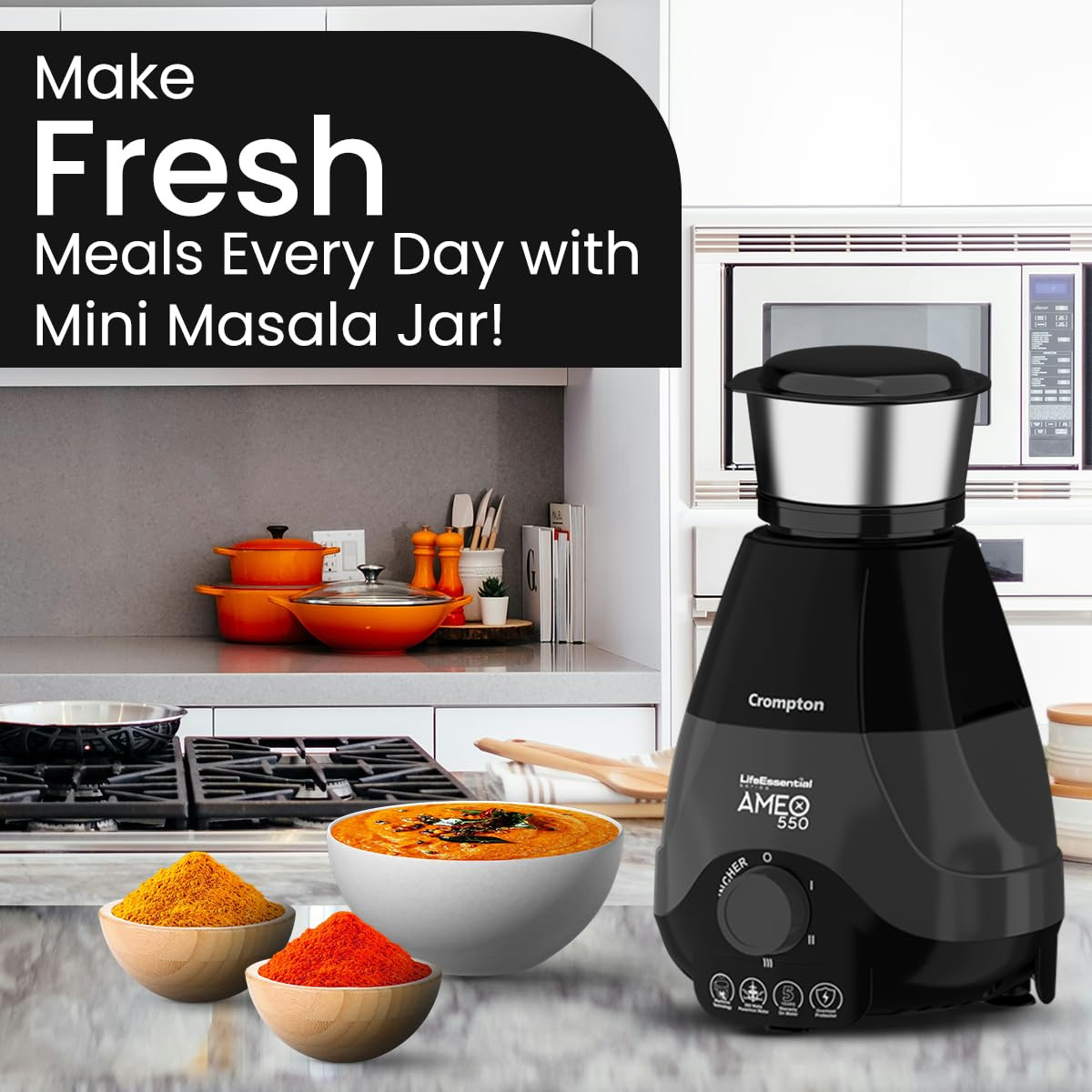 Crompton Ameo 550-Watt Mixer Grinder with MaxiGrind and Motor Vent-X Technology (4 Stainless Steel Jars, Black & BLue)