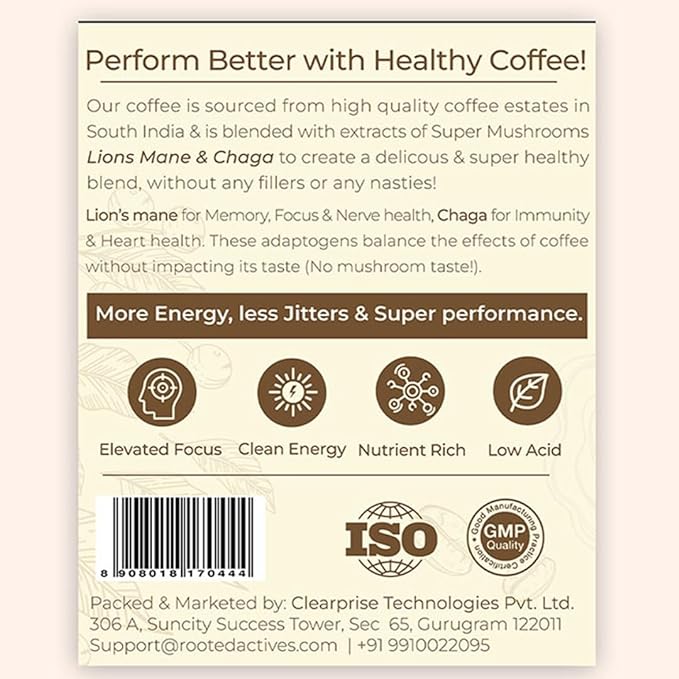 ROOTED Actives Wellness Muhroom Coffee (100 G), IC(Lion's Mane & Chaga - 20%) |Focus, Energy, Immunity & Heart Health, Powder, Jar Visit the ROOTED Store