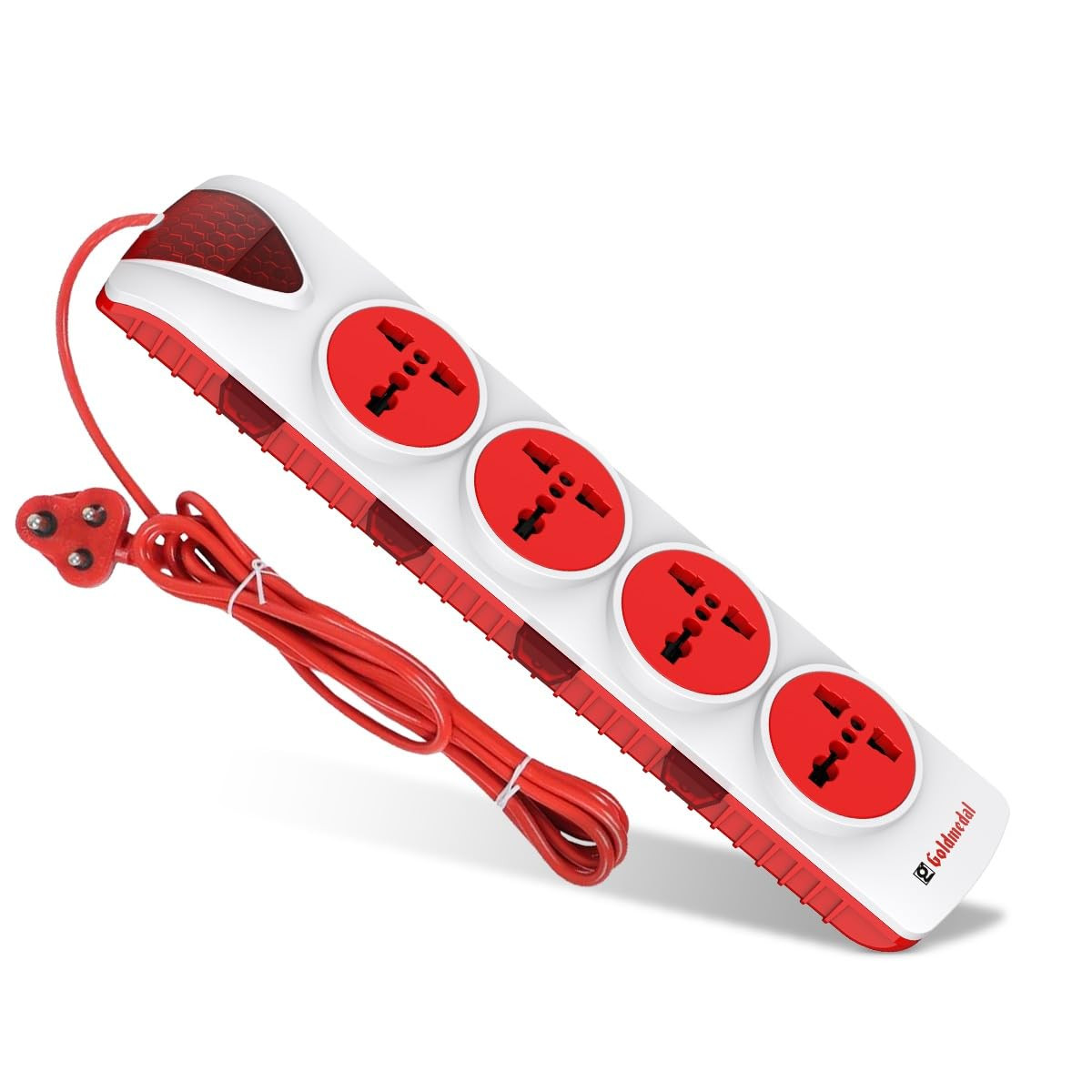 Goldmedal Plugged-in 4X4 Power Strip with 4-Outlet International Sockets, Individual Switch, Supply Indicator and 2M Power Cord (White & Red), 250 Volts