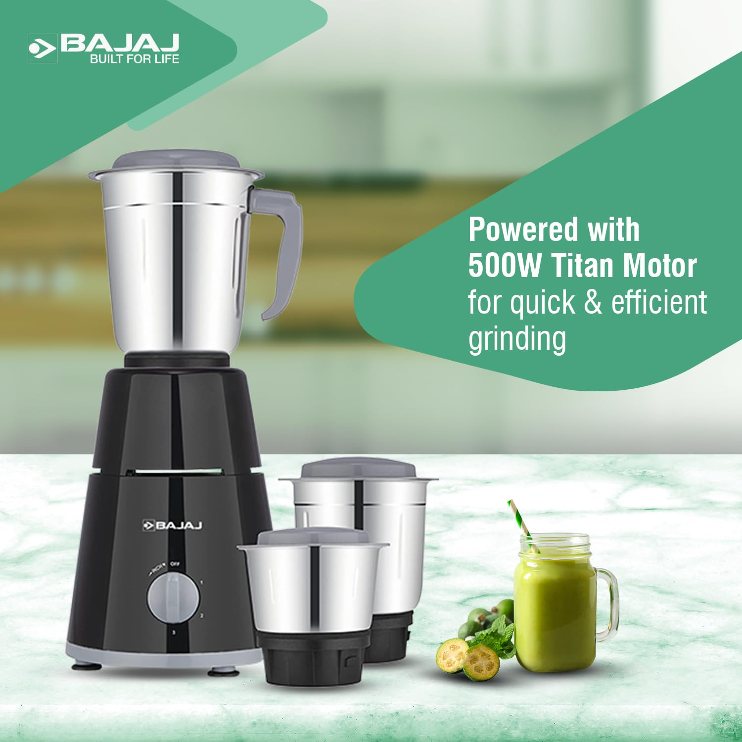 Bajaj GX-1 Mixer Grinder 500W|Superior Mixie For Kitchen|2-in-1 for Dry Grinding| Blade Function With Titan Motor|3 Stainless Steel Mixer Jars|1 Year Product Warranty By Bajaj 【Black】