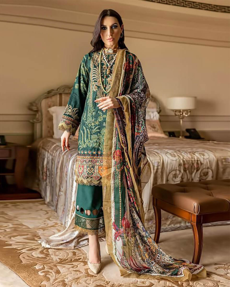 Green colour Unstitched Cotton Lawn Pakistani Salwar Suits