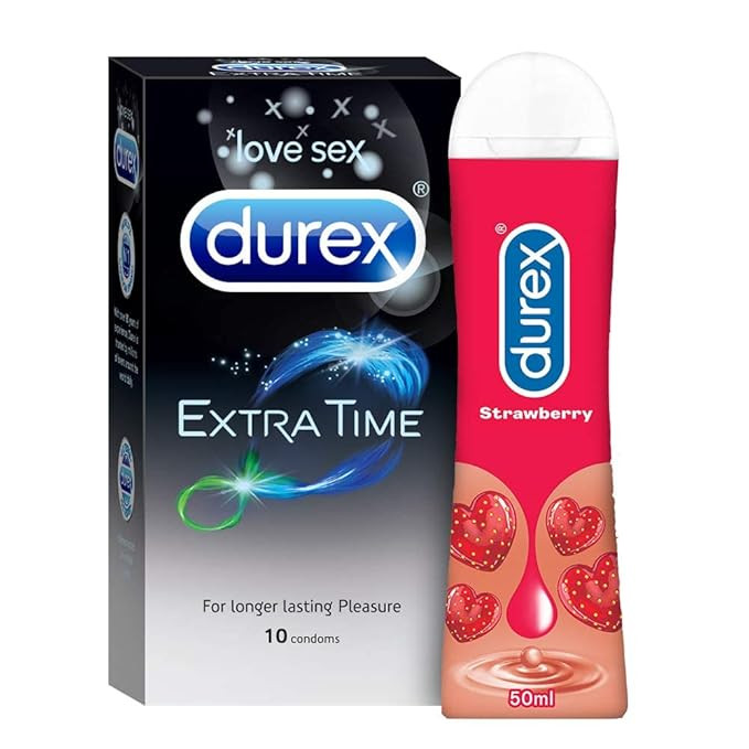 Durex Extra Time Condoms For Men-10 Count With Durex Lube Strawberry Flavoured Lubricant Gel For Men & Women-50Ml Water Based Lube Performa Lubricant For Climax Delay