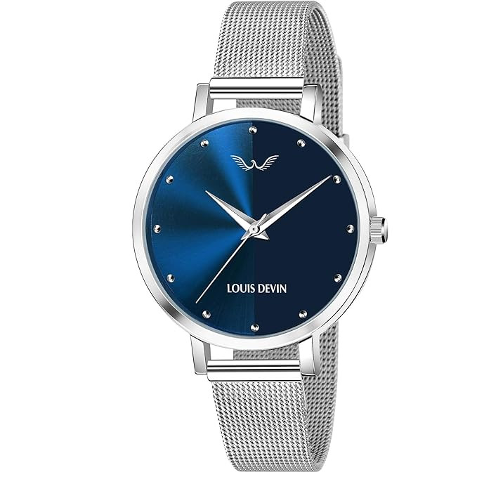 LOUIS DEVIN LD-L144-BLU-CH Mesh Blue Dial Silver Band Stainless Steel Chain Analog Wrist Watch for Wom