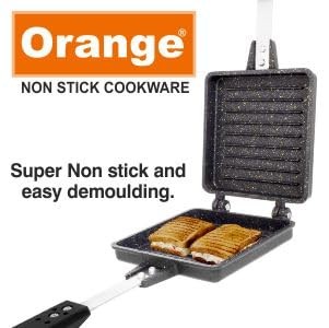 Orange Aluminium Non-stick Heavy Thickness Jumbo Toast Sandwich Maker With Free Nylon Tongs & Scrubber | Jumbo/Big Breads Non Electric Sandwich Maker | Long Cool Touch Handles | Gas Stove Compatible