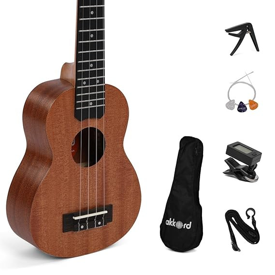 Akkord Mahagony Wood Soprano 21" Ukulele Super Combo- with Gig-Bag, Tuner, Strap, Fluorocarbon String Set and Capo