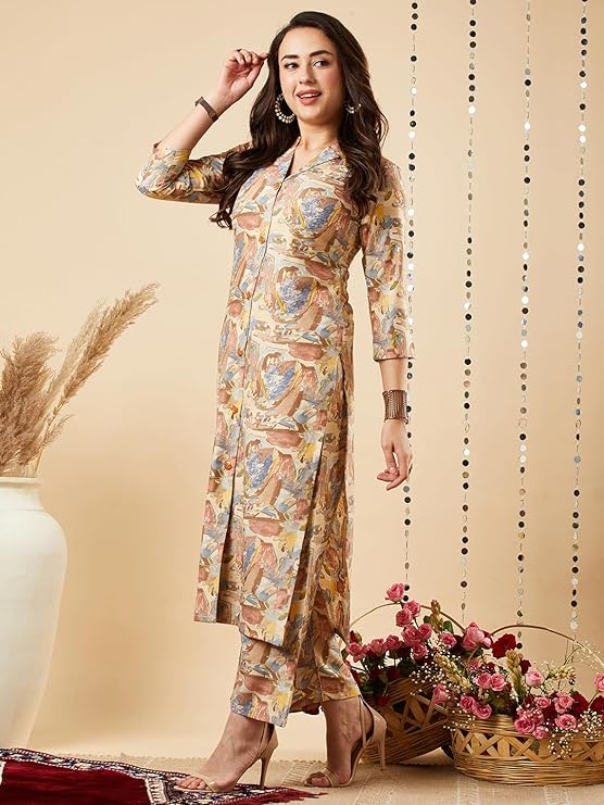 GoSriKi Women's Cotton Blend Printed Straight Kurta with Palazzo Set