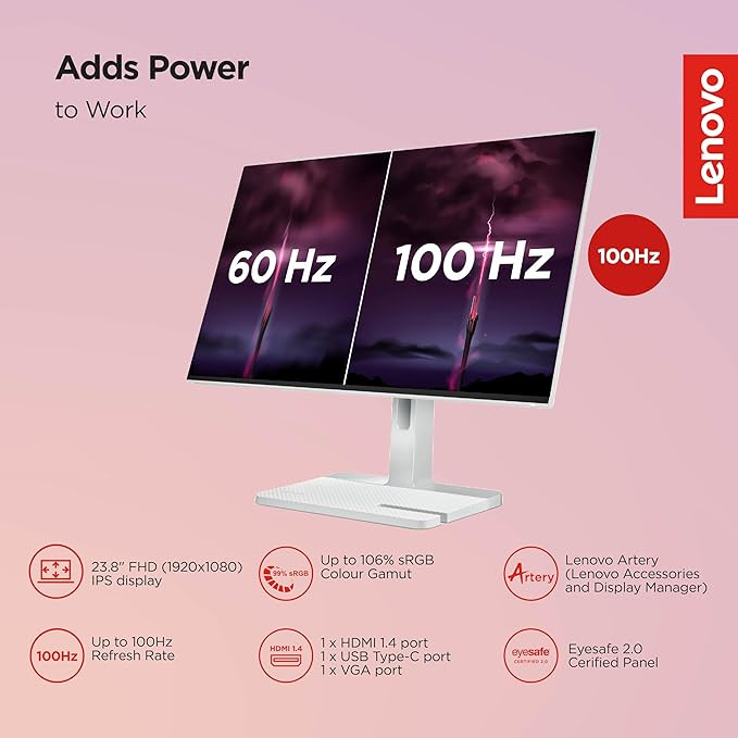 Lenovo L-Series 24 inch (60.4cm) FHD IPS Monitor| 100Hz, 1ms, FreeSync, 99% sRGB, 3Wx2 Speakers, 4xUSB-A, 1xUSB-C, 1x HDMI, Tilt, Swivel,Pivot Height Adjust Stand: For Home & Office use, Grey, L24m-4A