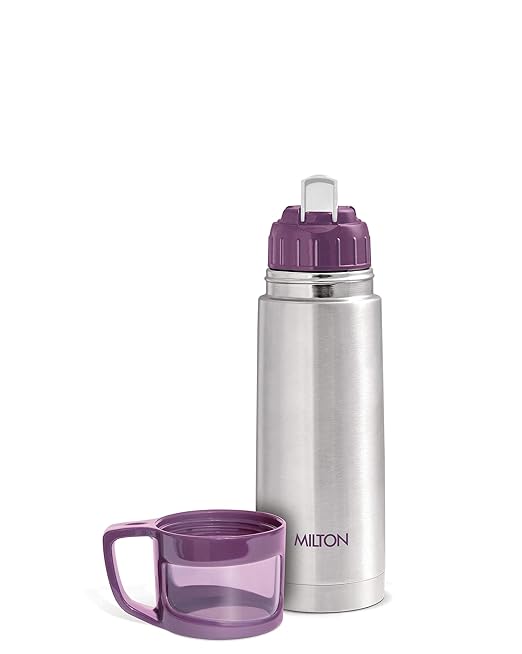 MILTON ThermoSteel Glassy Hot and Cold Bottle with Drinking Cup Lid, (350ml, Purple)