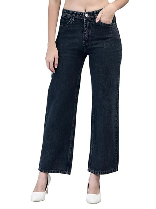 Women Baggy High Waist Wide Leg Denim Jeans | Regular Fit Jeans for Women | Jeans Pant for Women-BZJT-53-30 Black