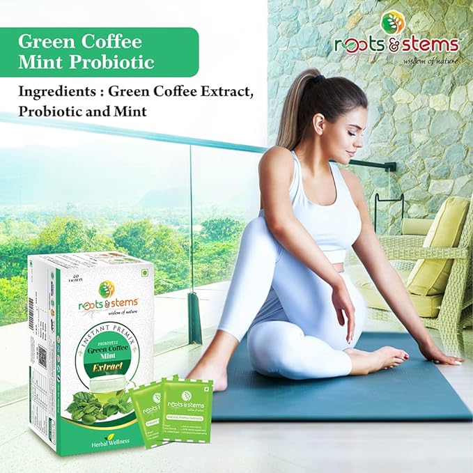 roots & stems Green Coffee | Mint Green Coffee | Instant Premix Coffee | Probiotic premix coffee with chlorogenic acid | 20 Sachet (Mint (Pack of 1))