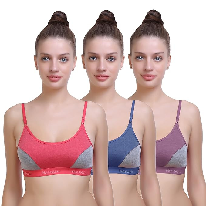 MAROON 903 Multi Cotton Seamed Non Padded 3/4th Coverage Slip-on Non-Wired Women Sports Bra