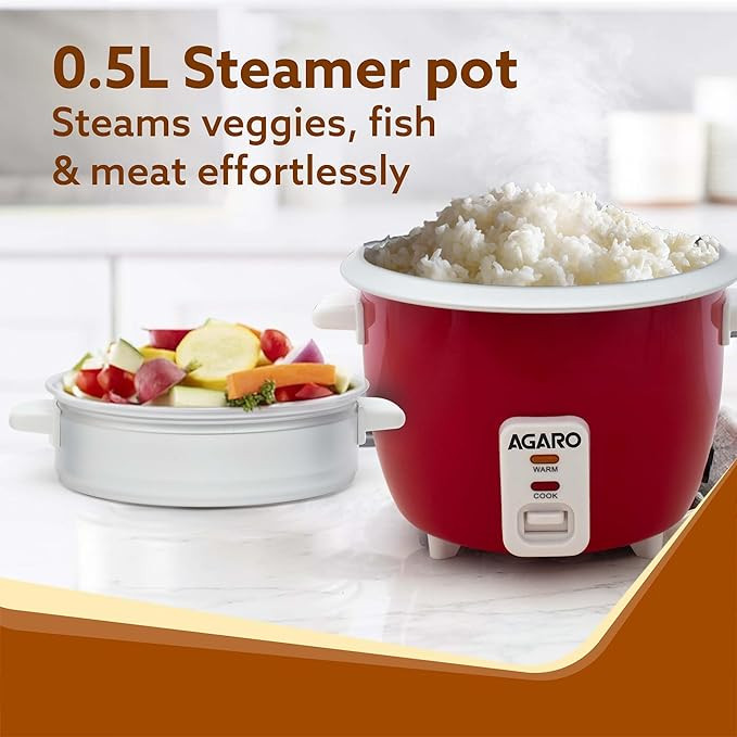 AGARO Elegant Electric Rice Cooker, 1L, 400W, Automatic Boiler, Steamer, Removable Aluminium Pot, Stainless Steel Lid, Keep Warm Function, Trivet Plate, Rice, Veggies, Red