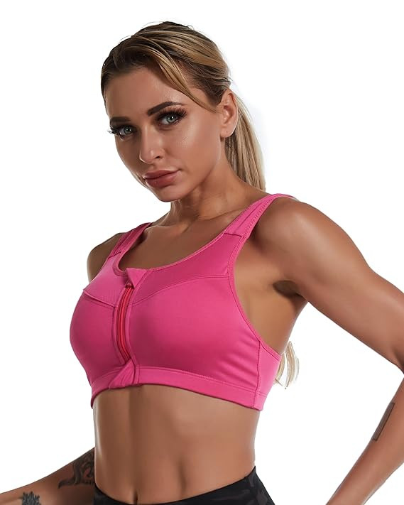 PLUMBURY Women's Medium Impact Padded Front Zip Racerback Sports Bra with Adjustable Strap, Pink, Size M to 3XL