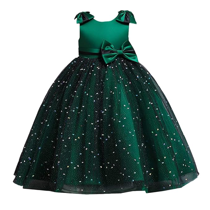 Hopscotch Girls Bow Applique Party Dress Polyester in Green Color
