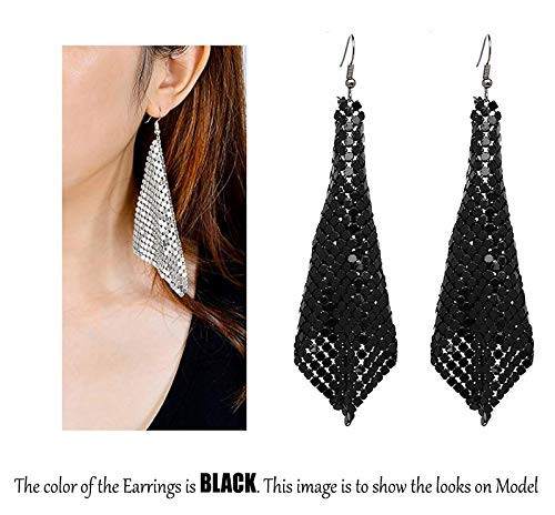 Yellow Chimes Earrings for Women and Girls | Fashion Black Color Long Dangler Earring | Metallic Mesh Grid Sequins Tassel Long Drop Earrings | Western Long Danglers Earrings | Birthday Gift for girls 