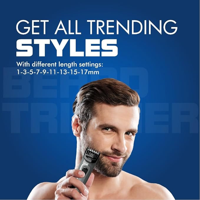 Havells Bt5100C Rechargeable Beard Trimmer with Hypoallergenic Blades; Zero Trim with 0.5 Mm Precision;Upto 17Mm Length Setting for All Styles; 45 Min Runtime,Battery Powered Black & (Grey)-Men