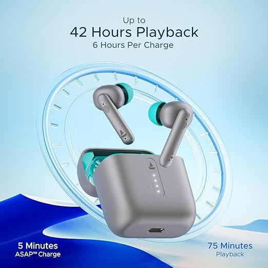 boAt Airdopes 141, Low Latency, ENx Tech, 42HRS Battery, Fast Charge, IWP, IPX4, v5.1 Bluetooth Earbuds, TWS Ear Buds Wireless Earphones with mic (Cider Cyan)