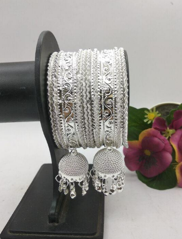 Beautiful Jhumki design silver plated White Stone Bangles