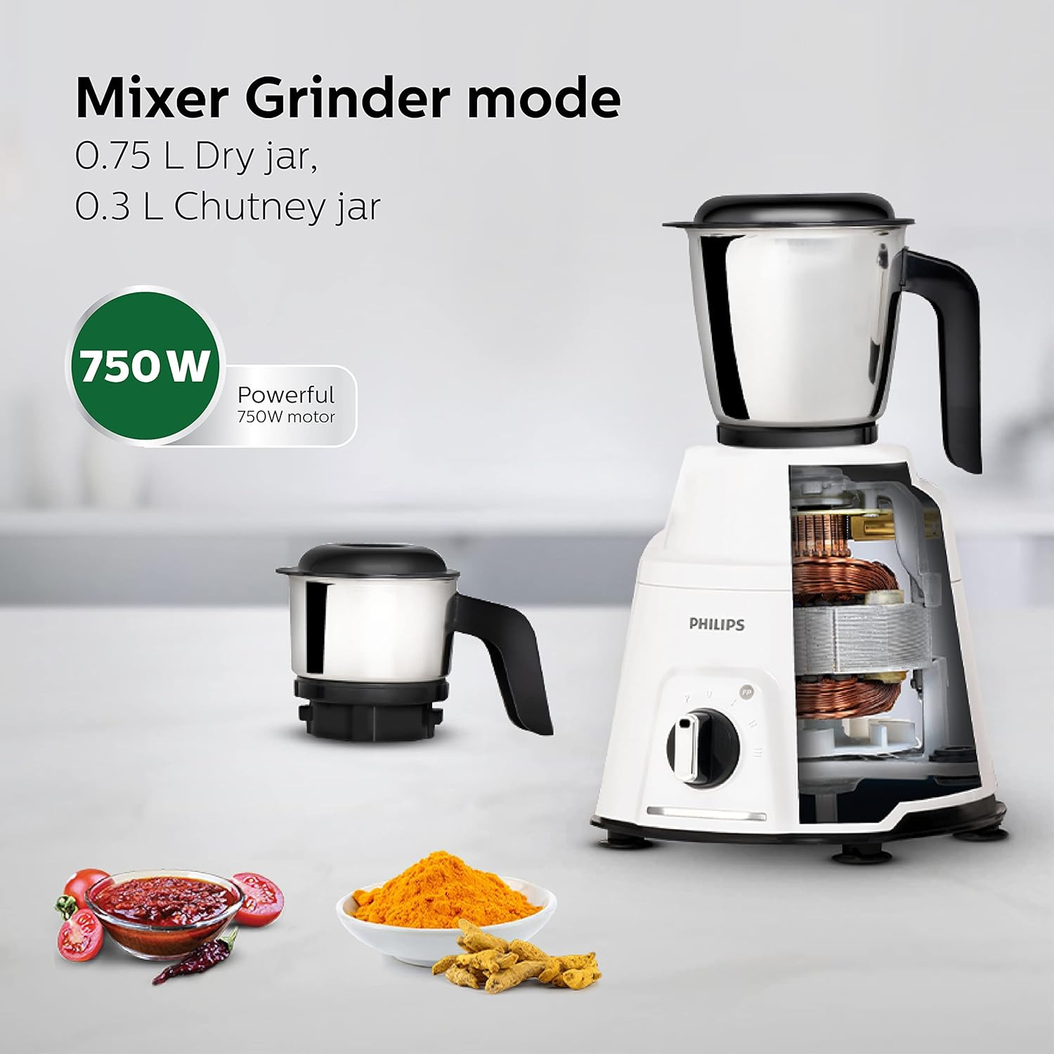 PHILIPS Mixer Grinder 750 Watt, 3 in 1 (Mixer Grinder + Juicer + Food Processor) 4 Jar (HL7763/00)
