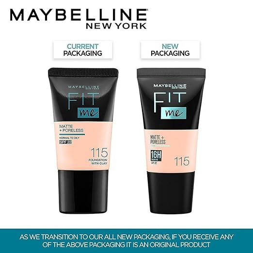 Maybelline New York Liquid Foundation, Matte & Poreless, Full Coverage Blendable Normal to Oily Skin, Fit Me, 115 Ivory, 18ml