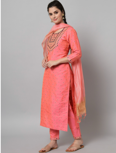 embroidered pink kurta with pink trousers and dupatta