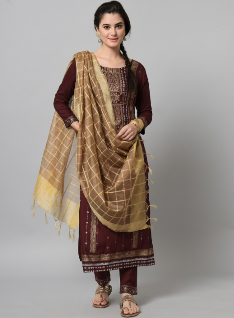 Wine and golden printed kurta and trouser set