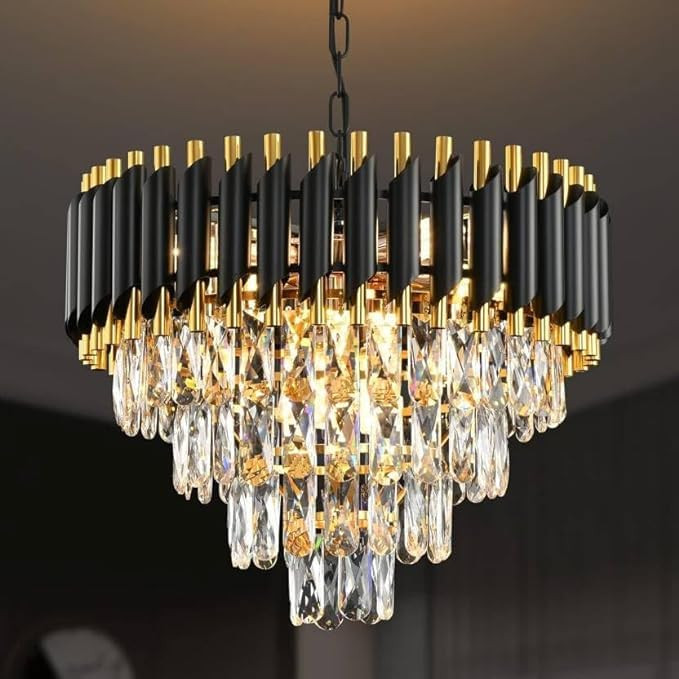 JAGAT JANNI ENTERPRISES || Black Mamba Chandelier with Stainless Steel Tube Crystal Chandelier,Black Gold + Free USB Gift + 3 Color LED Light… (400mm)
