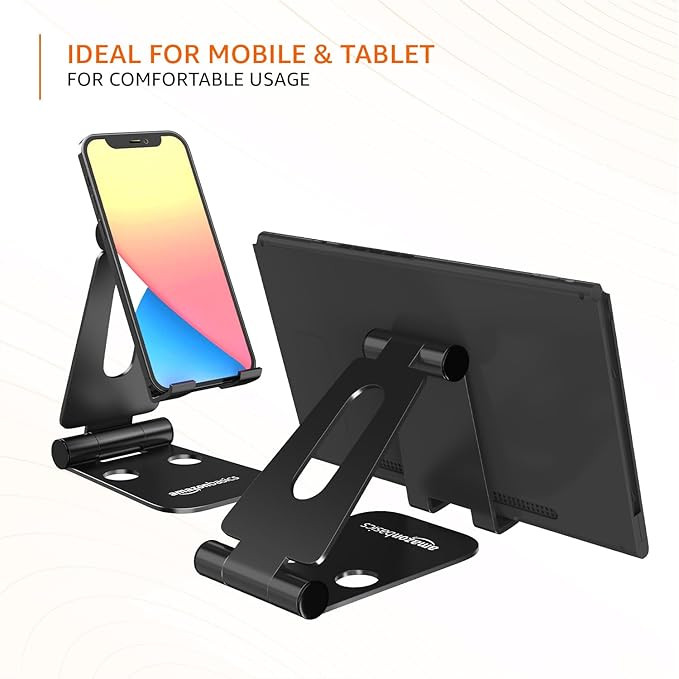 amazon basics Aluminum Adjustable Mobile Phone Foldable Tabletop Stand Dock Mount for All Smartphones, Tabs, Kindle, iPad (Black)
