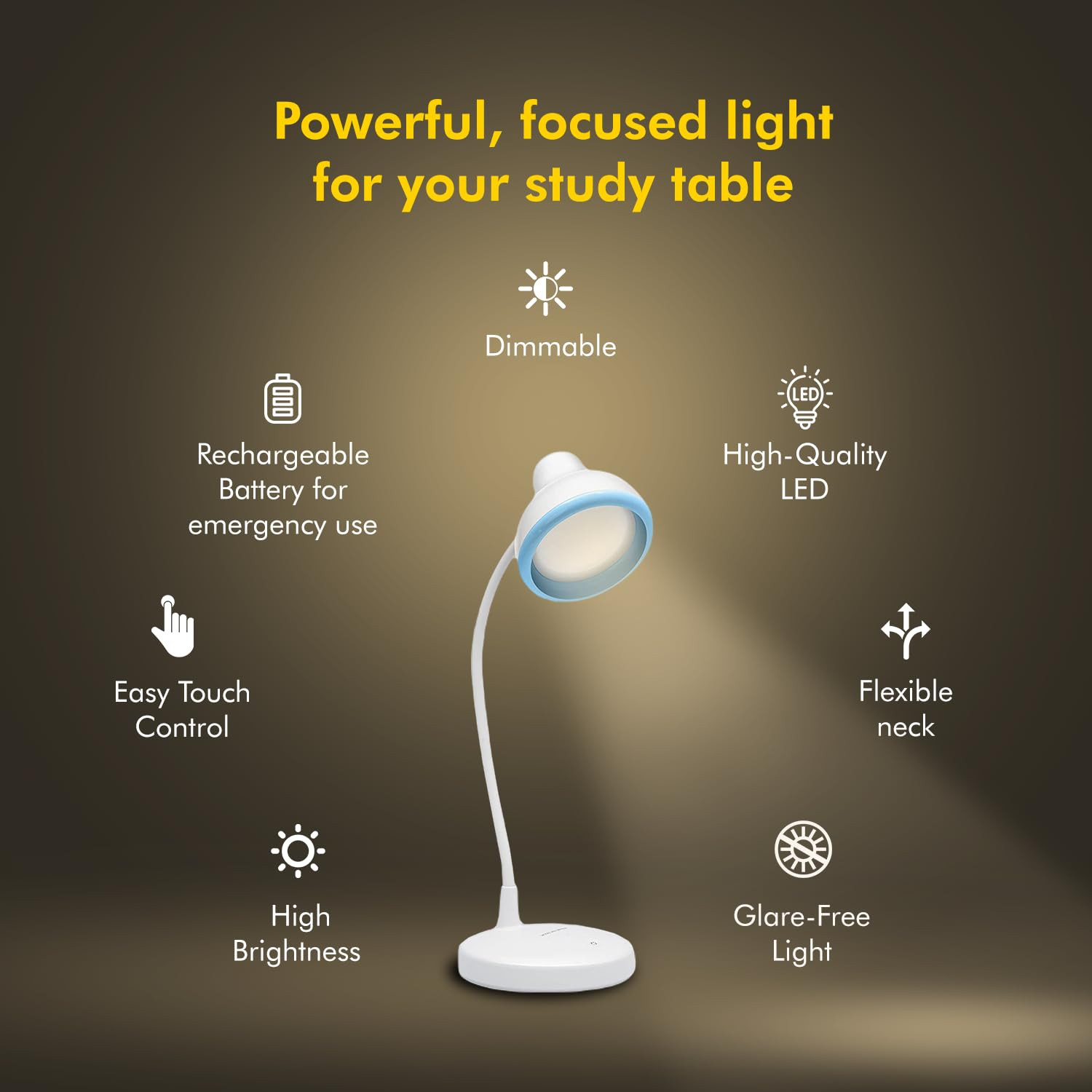 wipro Re-Chargeable LED Table Lamp, Round and Flexible Design with 3 Grade Dimming, 6W Desk Lamp for Study with Adjustable Neck, White, ABS, Pack of 1