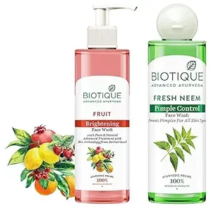 Biotique Fruit Brightning Face Wash, 200ml & Biotique Fresh Neem Pimple Control Face Wash Prevents Pimples For All Skin Types, 200ml