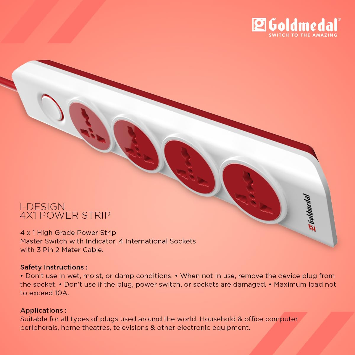Goldmedal I-Design 4X1 Power Strip With 4 International Sockets,Master Switch,Indicator And 2-Meter Power Cable –White,Pack Of 1,Made With Fire-Retardant Material,Suitable For All Type Plugs,240Volts